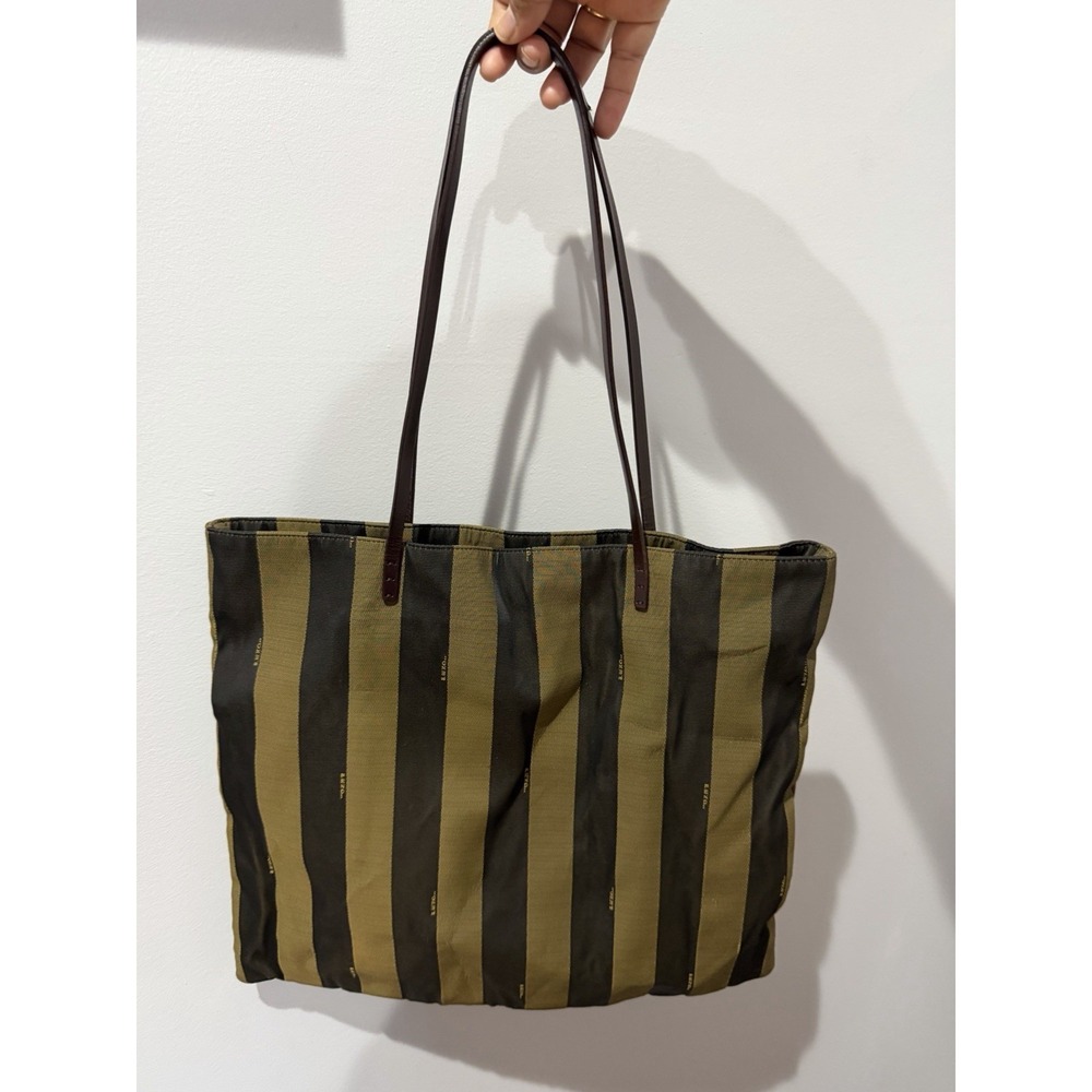 Fendi Brown Black Striped Tote Bag Brown Leather Trim Zip Gold Hardware‎ READ L